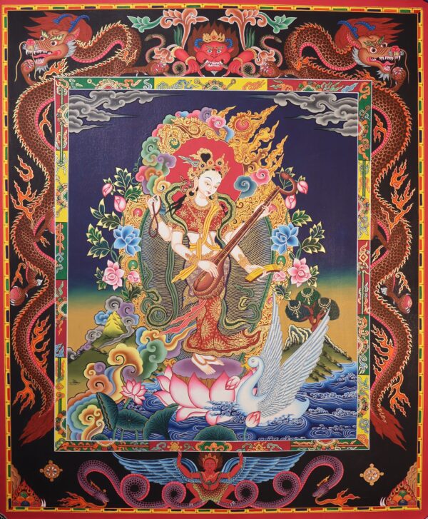 Thangka représentant Sarasvati, la divinité de la connaissance et la maîtresse des arts